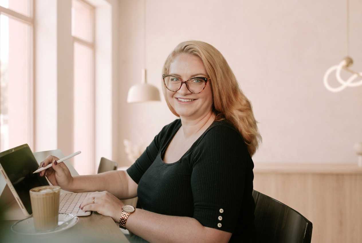 Katka Géringová, marketingová konzultantka, u stolu v kavárně s tabletem a kávou